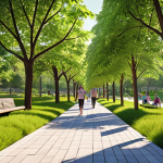 **A vibrant city park scene:** Lush green trees and plants intermingle with modern park benches and walking paths. People are enjoying the space – some are exercising, others are relaxing, and children are playing. Solar panels are subtly integrated into the park's design. The overall mood is bright, clean, and inviting, emphasizing sustainability and community.