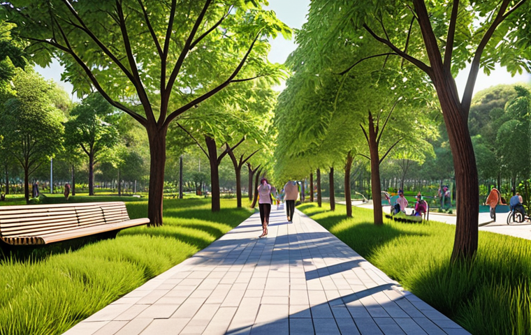 **A vibrant city park scene:** Lush green trees and plants intermingle with modern park benches and walking paths. People are enjoying the space – some are exercising, others are relaxing, and children are playing. Solar panels are subtly integrated into the park's design. The overall mood is bright, clean, and inviting, emphasizing sustainability and community.
