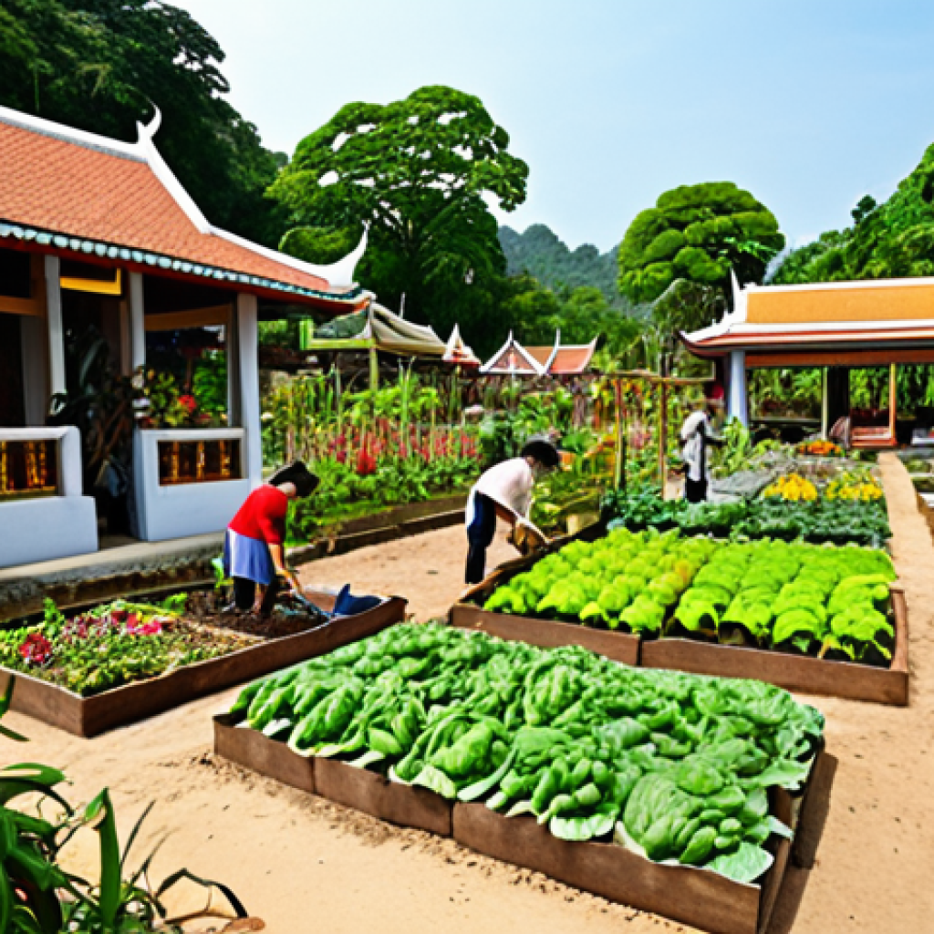 **Lush community garden in Thailand, filled with diverse vegetables and flowers, vibrant colors, happy people gardening together, traditional Thai architecture in the background, sunny day.** (Focuses on community gardening, highlighting local elements)