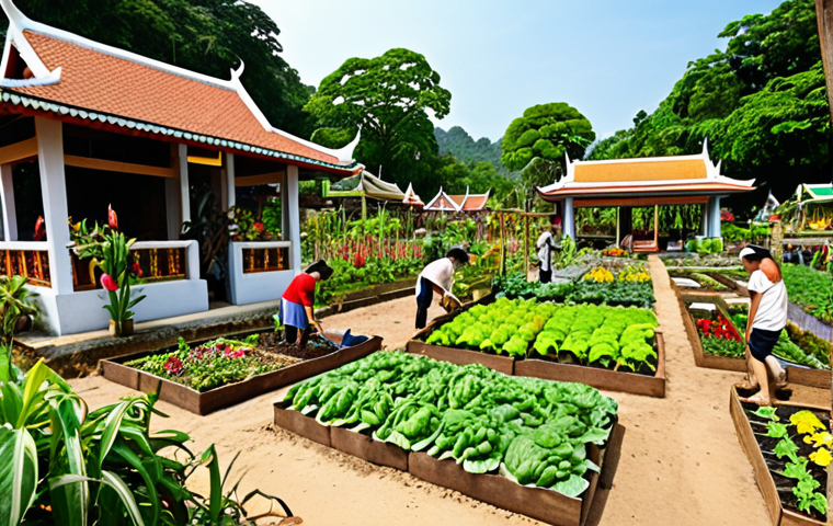 **Lush community garden in Thailand, filled with diverse vegetables and flowers, vibrant colors, happy people gardening together, traditional Thai architecture in the background, sunny day.** (Focuses on community gardening, highlighting local elements)