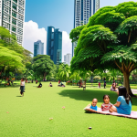 Urban Oasis**

Prompt: "Lush green park in Bangkok, children playing, families relaxing, modern buildings in the background, sunny day, vibrant atmosphere. Focus on the harmony between nature and city life."

**