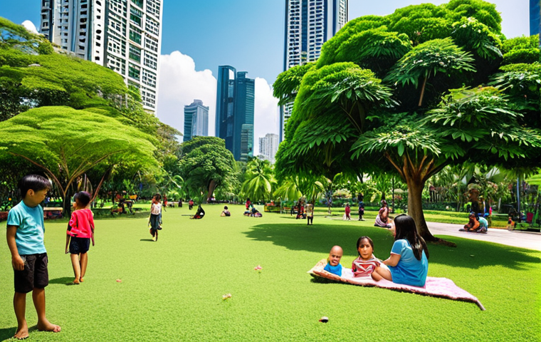 Urban Oasis**

Prompt: "Lush green park in Bangkok, children playing, families relaxing, modern buildings in the background, sunny day, vibrant atmosphere. Focus on the harmony between nature and city life."

**