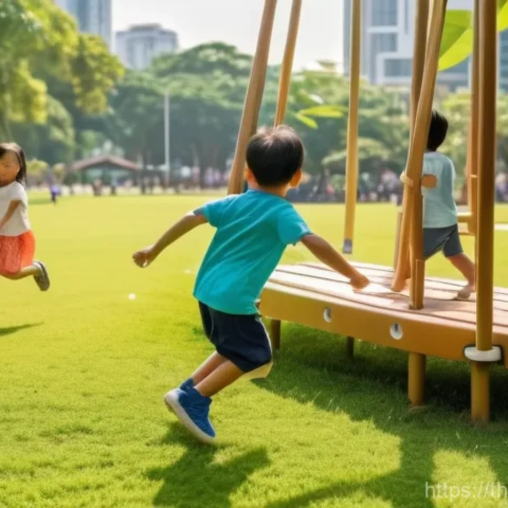 어린이와 도시 녹지의 관계 - A group of cheerful Thai children, aged 6-10, playing joyfully and actively in a vibrant, sun-drench...