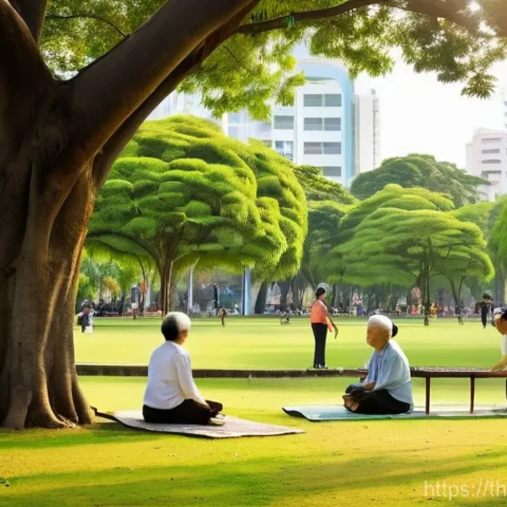 도시 녹지 확장 운동과 교육 프로그램 - **Prompt:** "A bustling, yet peaceful, '15-Minute Park' in a vibrant Bangkok neighborhood, bathed in...
