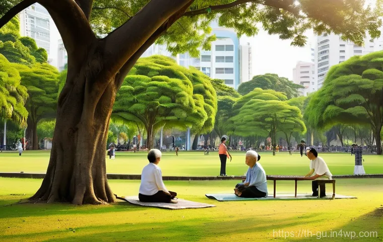도시 녹지 확장 운동과 교육 프로그램 - **Prompt:** "A bustling, yet peaceful, '15-Minute Park' in a vibrant Bangkok neighborhood, bathed in...