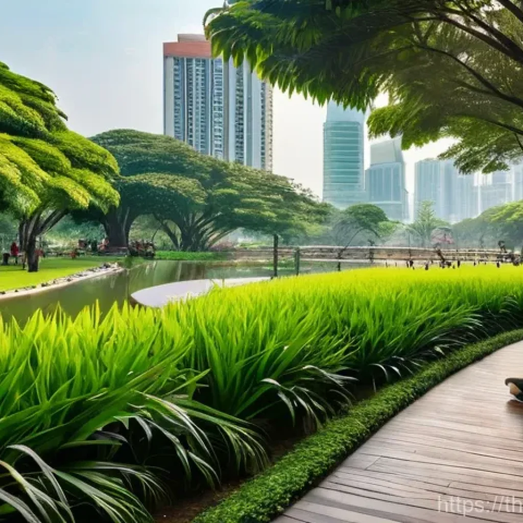 도시 녹지 확장 운동의 성과 분석 - **Prompt:** A serene and lush urban park in the heart of Bangkok, bathed in soft, early morning ligh...