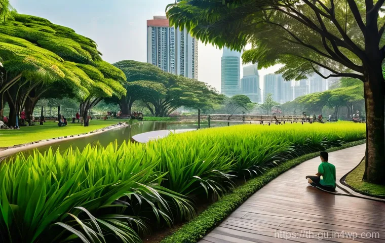 도시 녹지 확장 운동의 성과 분석 - **Prompt:** A serene and lush urban park in the heart of Bangkok, bathed in soft, early morning ligh...