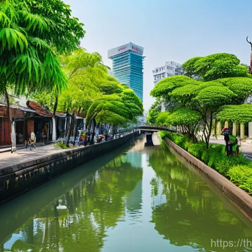 도시 녹지 확장 성공 사례 분석 - A vibrant and lush green promenade revitalizing a historic canal in an old Bangkok district. The can...