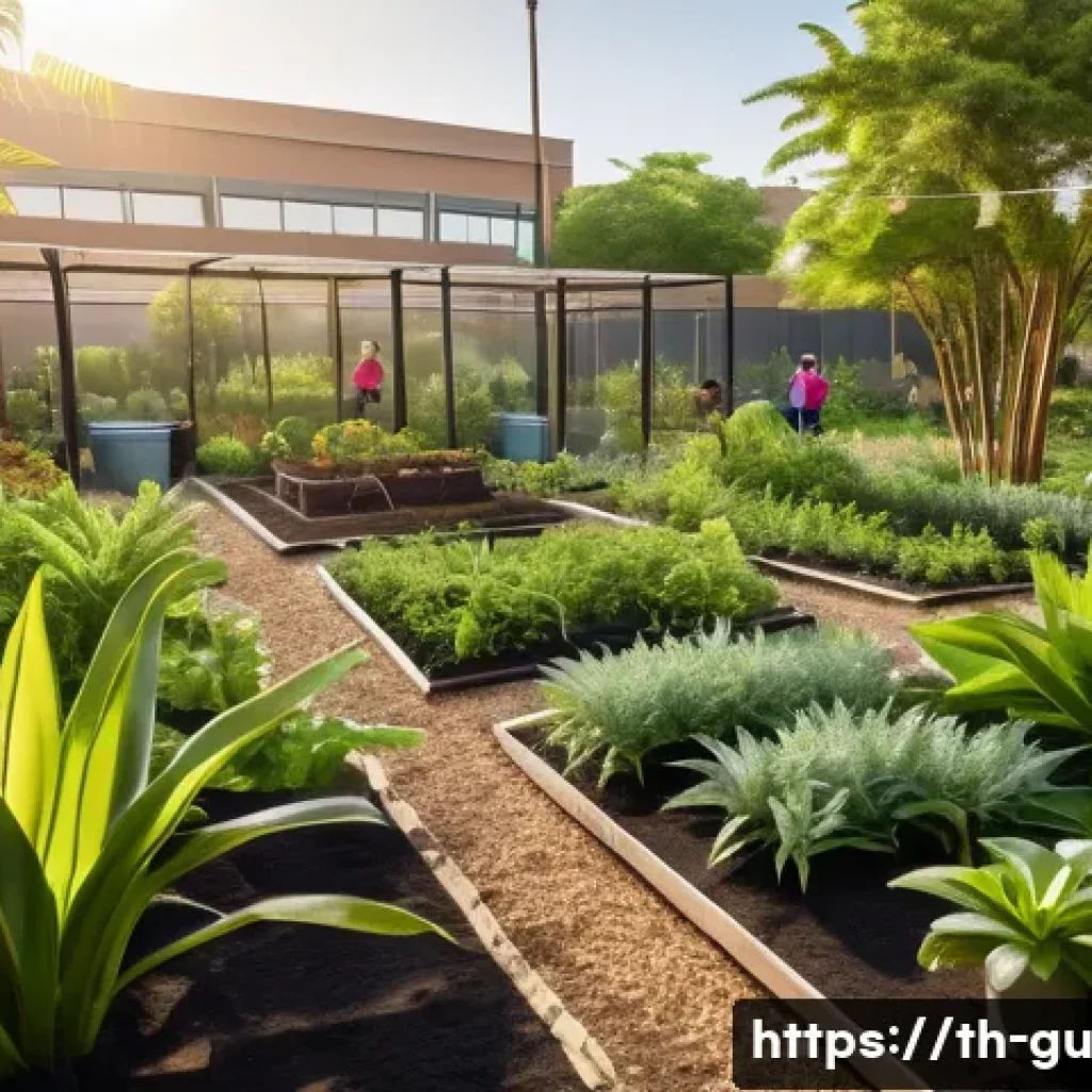 도시 녹지의 계절별 관리 방법 - A vibrant community garden in a tropical urban park during early morning, featuring heat-tolerant pl...