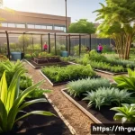 Home 20 도시 녹지의 계절별 관리 방법 - A vibrant community garden in a tropical urban park during early morning, featuring heat-tolerant pl...