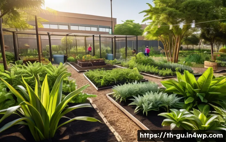 도시 녹지의 계절별 관리 방법 - A vibrant community garden in a tropical urban park during early morning, featuring heat-tolerant pl...