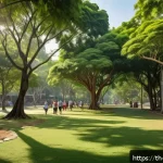 Home 19 도시 녹지 확장 운동을 위한 시민 참여 방안 - A vibrant urban community park in Bangkok with large, mature Kan Krao trees providing dense shade, t...
