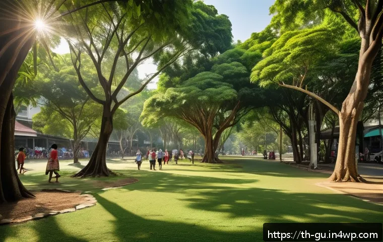 도시 녹지 확장 운동을 위한 시민 참여 방안 - A vibrant urban community park in Bangkok with large, mature Kan Krao trees providing dense shade, t...