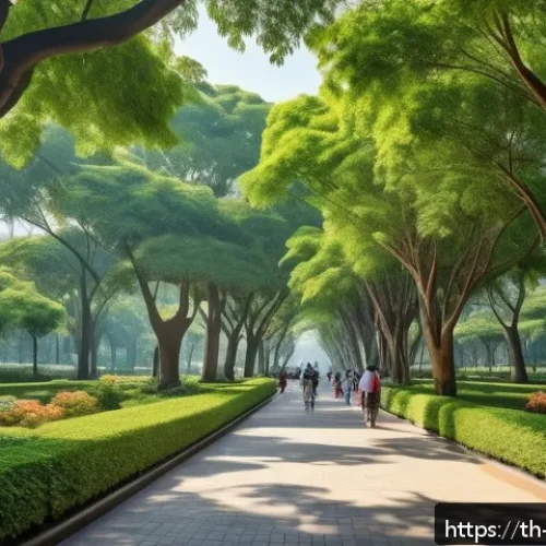 Home 30 도시 녹지 공간의 탄소 흡수 능력 - A vibrant urban park scene in Bangkok during a sunny afternoon, featuring large native trees like Ja...