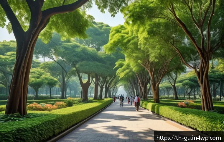 도시 녹지 공간의 탄소 흡수 능력 - A vibrant urban park scene in Bangkok during a sunny afternoon, featuring large native trees like Ja...