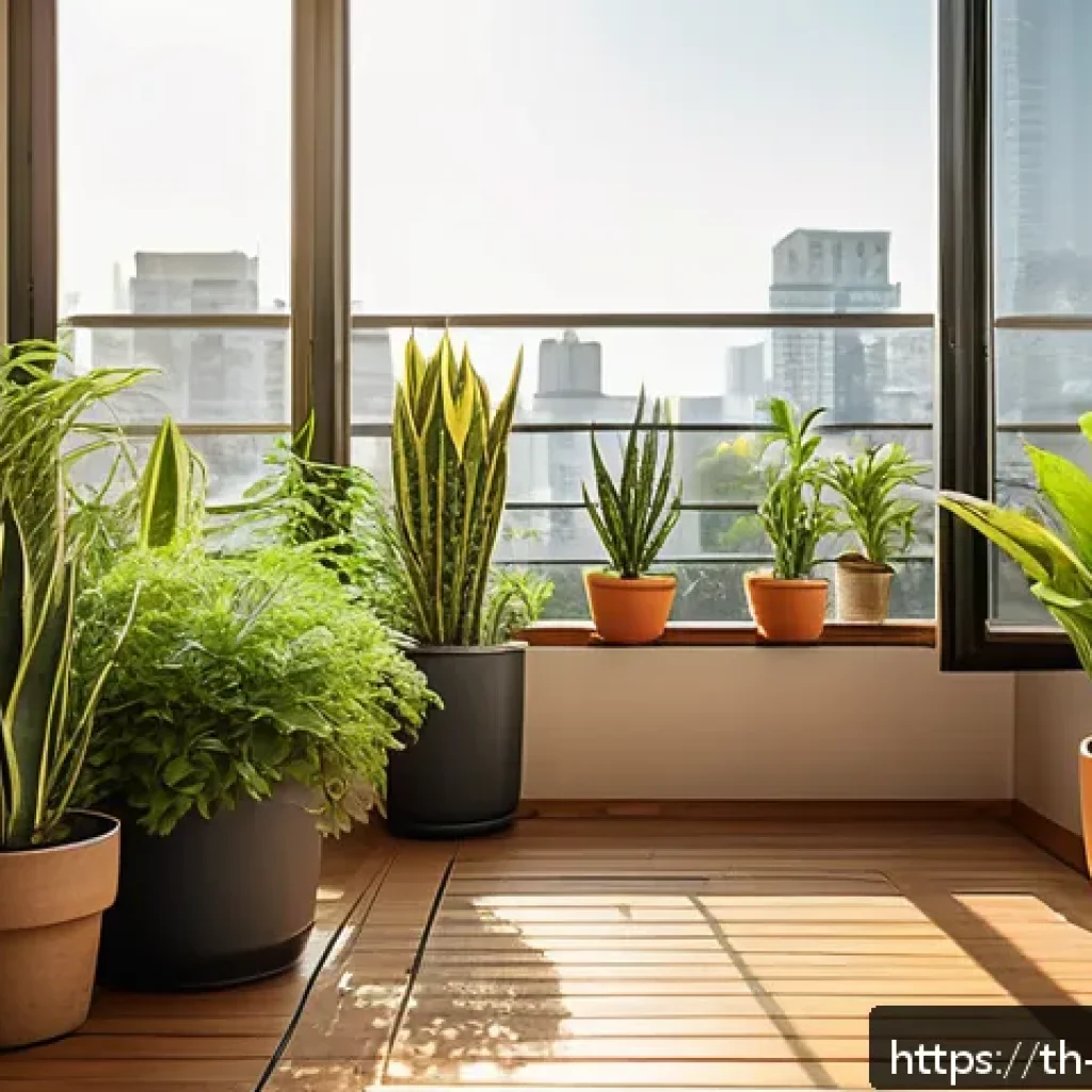 도시 녹지와 건강한 식생활 - A cozy urban apartment balcony garden scene during golden hour, featuring a variety of potted plants...