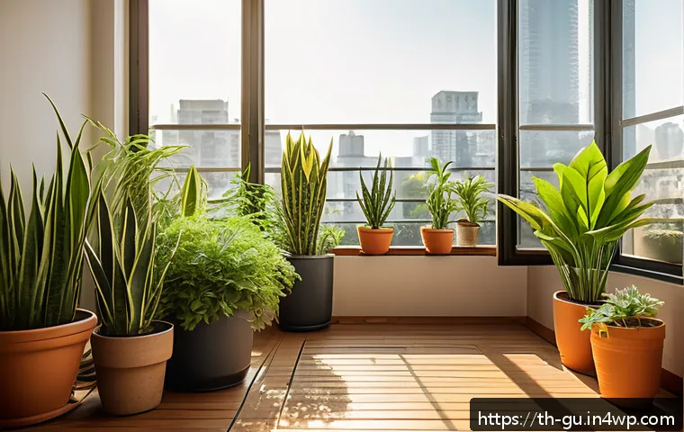 도시 녹지와 건강한 식생활 - A cozy urban apartment balcony garden scene during golden hour, featuring a variety of potted plants...