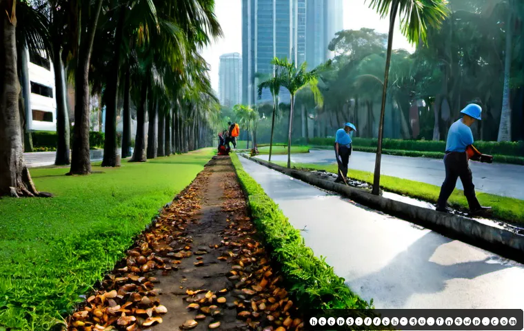 Home 17 도시 녹지 공간의 유지 관리 전략 - Photorealistic urban park maintenance scene in Bangkok, Thailand, with a small professional gardenin...